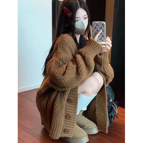 寬松慵懶風加厚麻花毛衣外套女秋冬小個子外穿針織開衫中長款上衣