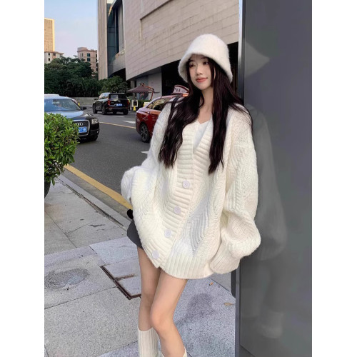 寬松慵懶風加厚麻花毛衣外套女秋冬小個子外穿針織開衫中長款上衣