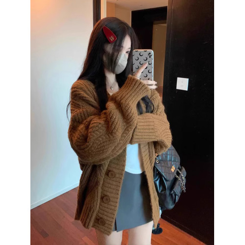 寬松慵懶風加厚麻花毛衣外套女秋冬小個子外穿針織開衫中長款上衣