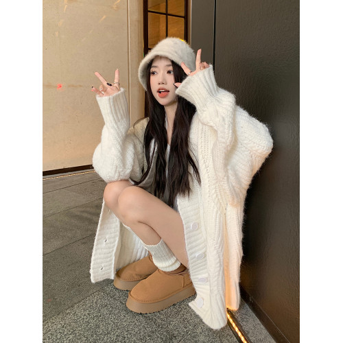 寬松慵懶風加厚麻花毛衣外套女秋冬小個子外穿針織開衫中長款上衣