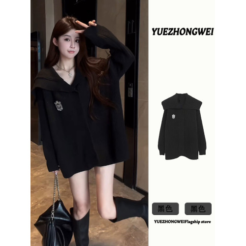 學院風黑色翻領毛衣外套女2025秋冬新款慵懶風加厚中長款針織開衫