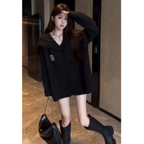 學院風黑色翻領毛衣外套女2025秋冬新款慵懶風加厚中長款針織開衫