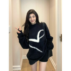 馬海毛軟糯毛衣女秋冬2024新款黑色圓領針織衫慵懶風寬松套頭上衣