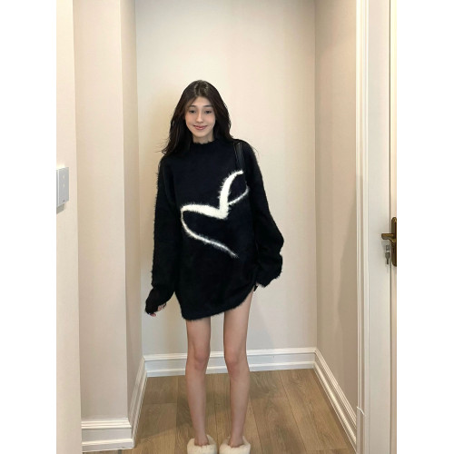 馬海毛軟糯毛衣女秋冬2024新款黑色圓領針織衫慵懶風寬松套頭上衣