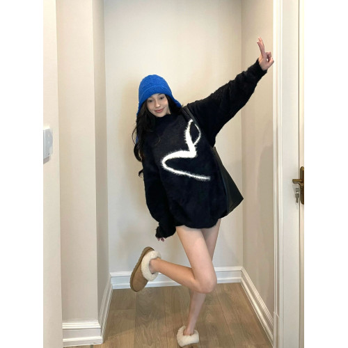 馬海毛軟糯毛衣女秋冬2024新款黑色圓領針織衫慵懶風寬松套頭上衣