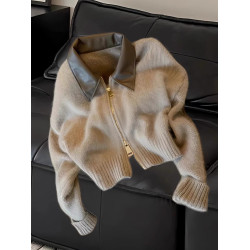 美拉德拼接短款雙拉鍊毛衣女秋冬復古高級感修身polo領針織衫外套