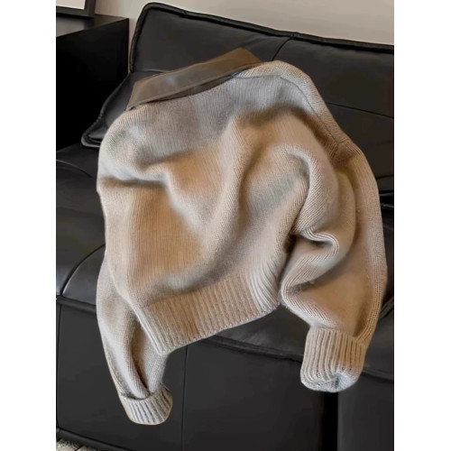 美拉德拼接短款雙拉鍊毛衣女秋冬復古高級感修身polo領針織衫外套