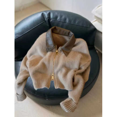 美拉德拼接短款雙拉鍊毛衣女秋冬復古高級感修身polo領針織衫外套