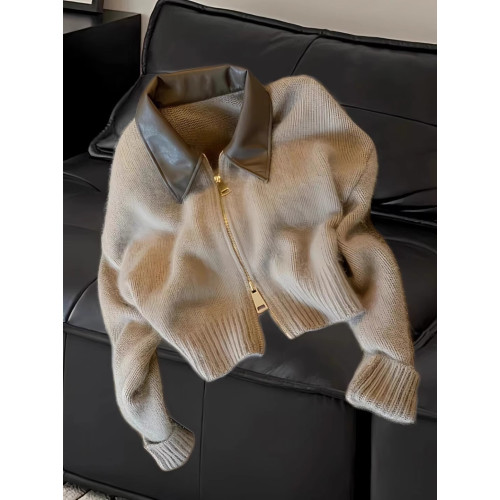 美拉德拼接短款雙拉鍊毛衣女秋冬復古高級感修身polo領針織衫外套