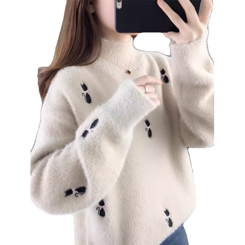 2025年秋冬加厚半高領水貂絨毛衣女新款寬鬆針織打底衫洋氣上衣潮