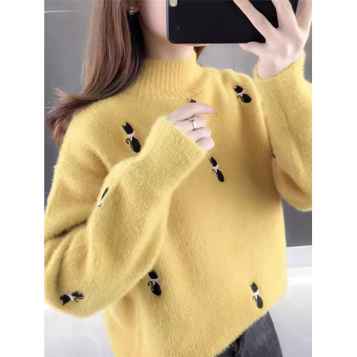 2025年秋冬加厚半高領水貂絨毛衣女新款寬鬆針織打底衫洋氣上衣潮