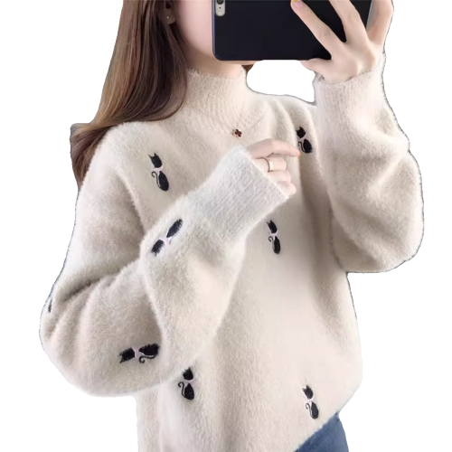 2025年秋冬加厚半高領水貂絨毛衣女新款寬松針織打底衫洋氣上衣潮