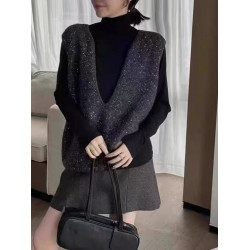 V領重工亮片針織衫馬甲中長秋冬新款寬松顯瘦無袖曡穿毛衣女背心