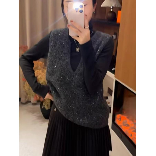 V領重工亮片針織衫馬甲中長秋冬新款寬松顯瘦無袖曡穿毛衣女背心