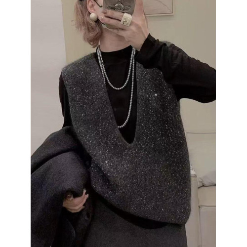 V領重工亮片針織衫馬甲中長秋冬新款寬松顯瘦無袖曡穿毛衣女背心