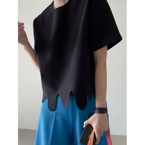 韓國chic夏季小衆設計感圓領不規則波浪花紋寬松百搭短袖T恤上衣