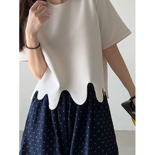 韓國chic夏季小衆設計感圓領不規則波浪花紋寬松百搭短袖T恤上衣