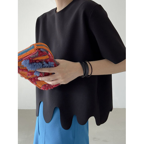 韓國chic夏季小衆設計感圓領不規則波浪花紋寬松百搭短袖T恤上衣