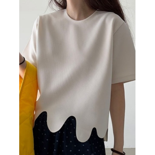 韓國chic夏季小衆設計感圓領不規則波浪花紋寬松百搭短袖T恤上衣