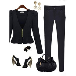 A805大碼新款韓版棉質拉鍊上衣泡泡袖長袖荷葉擺小西服短外套