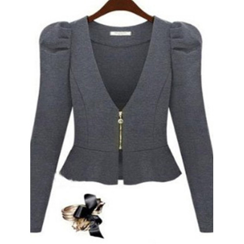 A805大碼新款韓版棉質拉鍊上衣泡泡袖長袖荷葉擺小西服短外套 A805大碼新款韓版棉質拉鍊上衣泡泡袖長袖荷葉擺小西服短外套