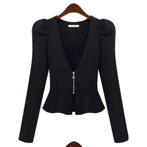 A805大碼新款韓版棉質拉鍊上衣泡泡袖長袖荷葉擺小西服短外套 A805大碼新款韓版棉質拉鍊上衣泡泡袖長袖荷葉擺小西服短外套