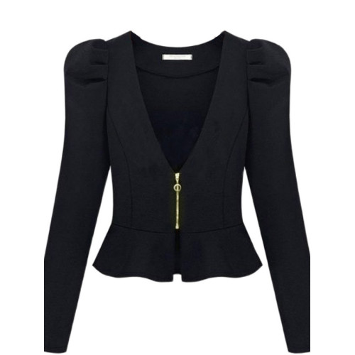 A805大碼新款韓版棉質拉鍊上衣泡泡袖長袖荷葉擺小西服短外套 A805大碼新款韓版棉質拉鍊上衣泡泡袖長袖荷葉擺小西服短外套