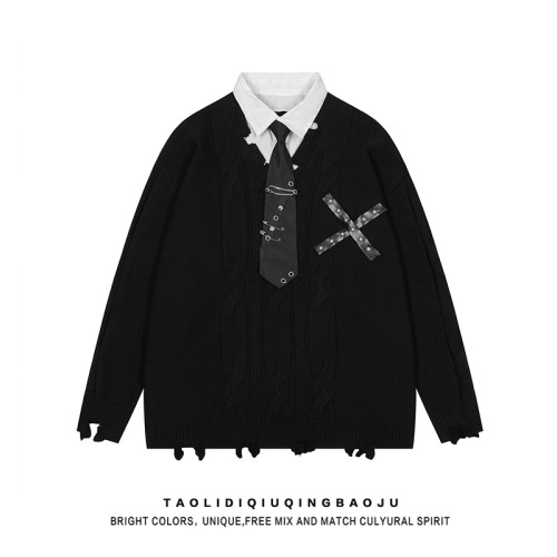 學院風Polo領帶假兩件毛衣女秋季潮牌寬松百搭情侶灰色針織衫上衣