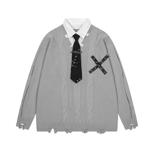 學院風Polo領帶假兩件毛衣女秋季潮牌寬松百搭情侶灰色針織衫上衣