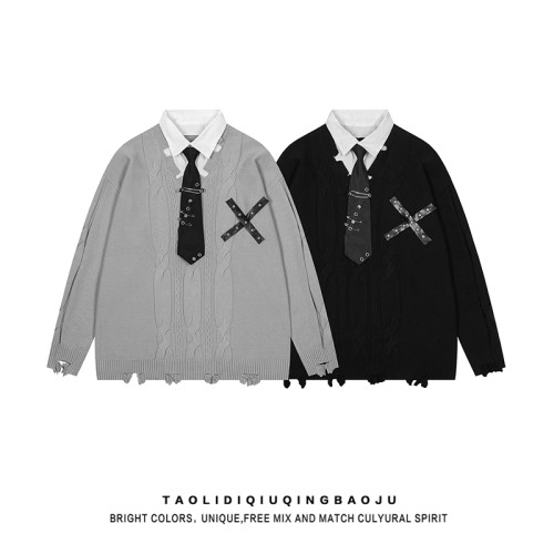 學院風Polo領帶假兩件毛衣女秋季潮牌寬松百搭情侶灰色針織衫上衣