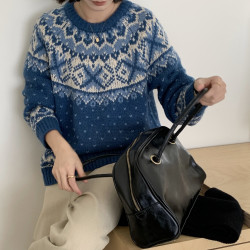 冰島藍色！費爾島提花超顯白復古著毛衣寬松外穿聖誕撞色慵懶上衣