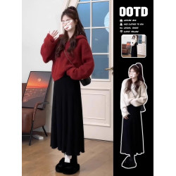 深秋初冬溫柔穿搭毛衣女小個子軟糯慵懶風連帽紅色針織衫套頭上衣