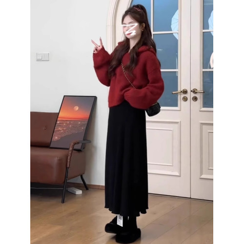 深秋初冬溫柔穿搭毛衣女小個子軟糯慵懶風連帽紅色針織衫套頭上衣