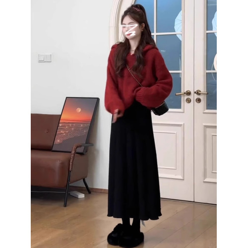 深秋初冬溫柔穿搭毛衣女小個子軟糯慵懶風連帽紅色針織衫套頭上衣