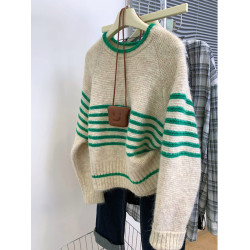 撞色條紋圓領毛衣女2024新款秋季寬松松弛感復古百搭打底針織衫