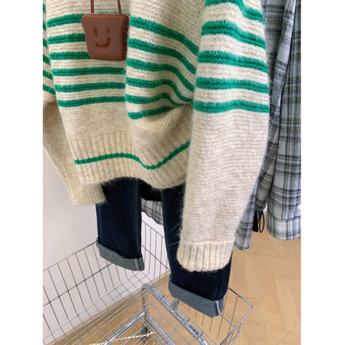 撞色條紋圓領毛衣女2024新款秋季寬松松弛感復古百搭打底針織衫