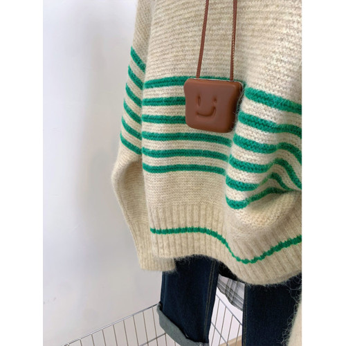 撞色條紋圓領毛衣女2024新款秋季寬松松弛感復古百搭打底針織衫