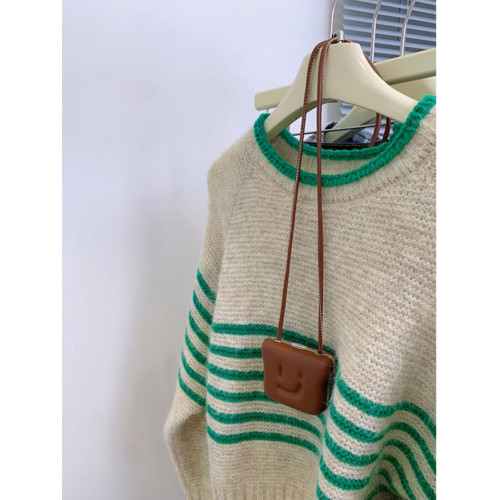 撞色條紋圓領毛衣女2024新款秋季寬松松弛感復古百搭打底針織衫