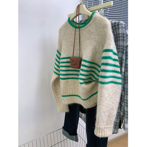 撞色條紋圓領毛衣女2024新款秋季寬松松弛感復古百搭打底針織衫