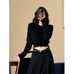 黑色圓領長袖針織衫毛衣女秋季2025新款百搭氣質收腰顯瘦短款上衣