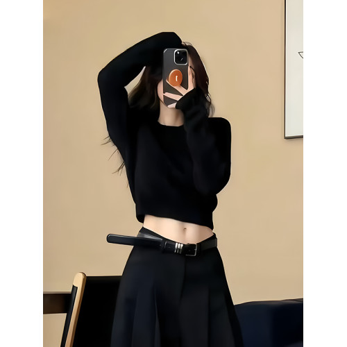 黑色圓領長袖針織衫毛衣女秋季2025新款百搭氣質收腰顯瘦短款上衣