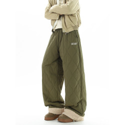 軍綠色葫蘆紋保暖棉褲女男冬季潮牌夾棉加厚休閒褲防風防寒滑雪褲