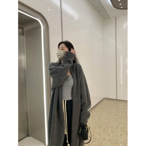 灰色中長款過膝毛衣外套女春秋冬冬季慵懶風加厚羊絨針織開衫大衣