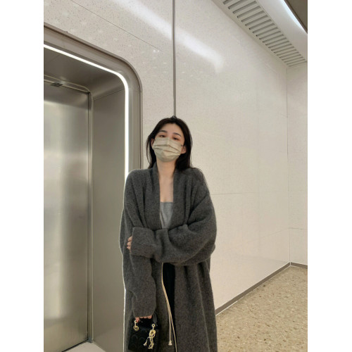 灰色中長款過膝毛衣外套女春秋冬冬季慵懶風加厚羊絨針織開衫大衣