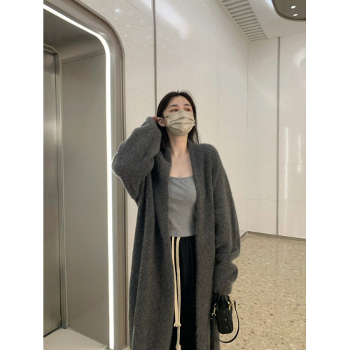 灰色中長款過膝毛衣外套女春秋冬冬季慵懶風加厚羊絨針織開衫大衣
