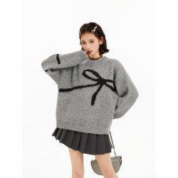 灰色蝴蝶結圓領套頭針織毛衣女冬季加厚秋冬寬松慵懶內搭打底上衣