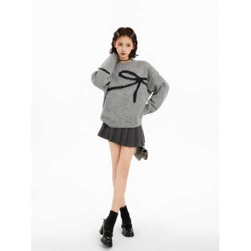 灰色蝴蝶結圓領套頭針織毛衣女冬季加厚秋冬寬松慵懶內搭打底上衣