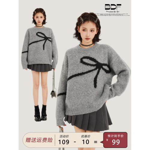 灰色蝴蝶結圓領套頭針織毛衣女冬季加厚秋冬寬松慵懶內搭打底上衣