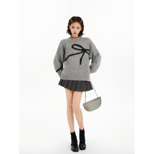 灰色蝴蝶結圓領套頭針織毛衣女冬季加厚秋冬寬松慵懶內搭打底上衣