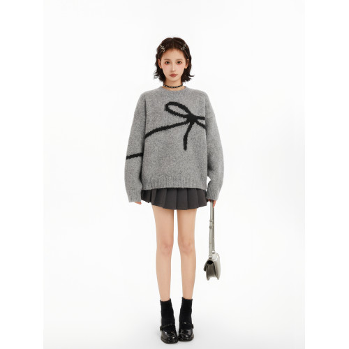 灰色蝴蝶結圓領套頭針織毛衣女冬季加厚秋冬寬松慵懶內搭打底上衣